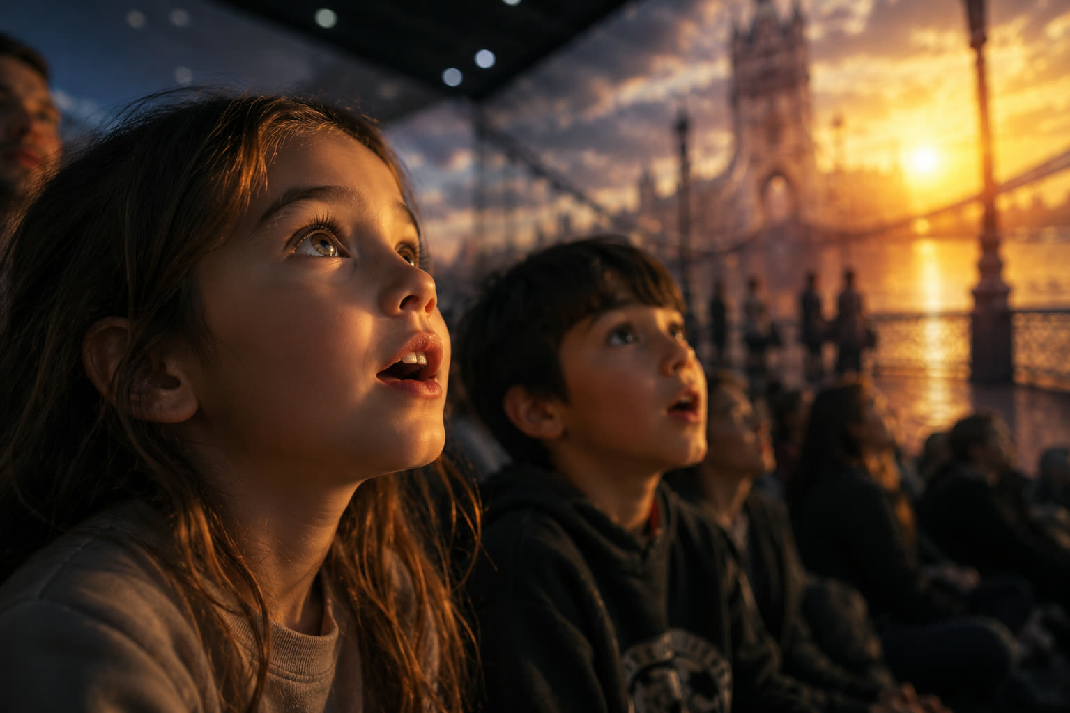 Children's faces lit with awe watching an immersive sunset scene