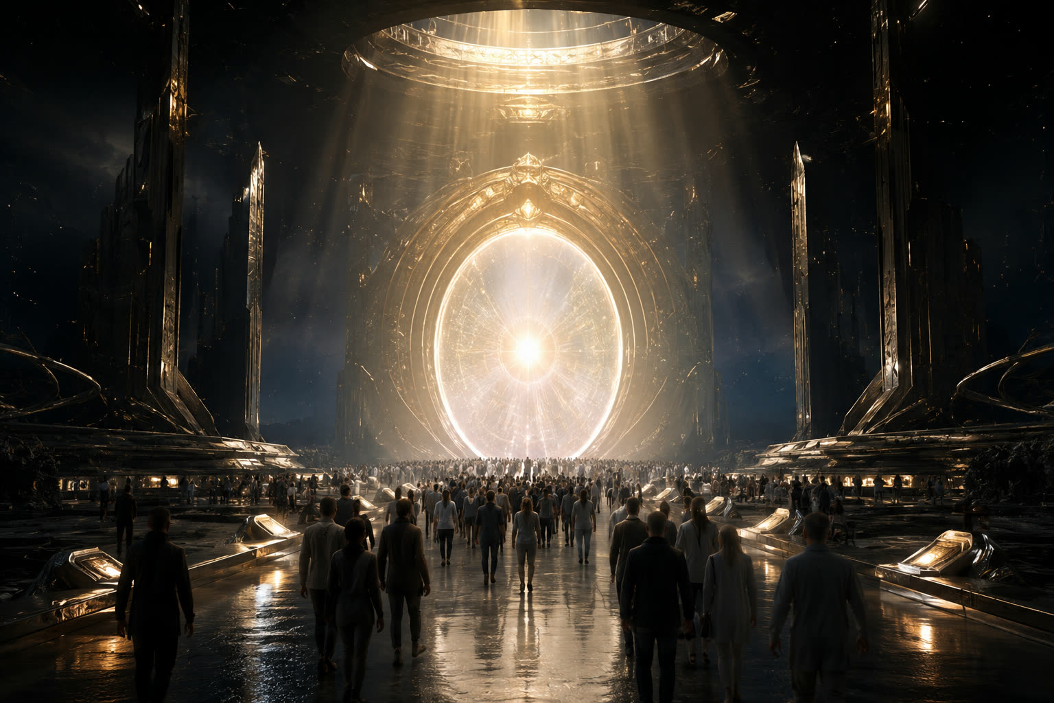A crowd walking toward a radiant portal inside a vast immersive hall