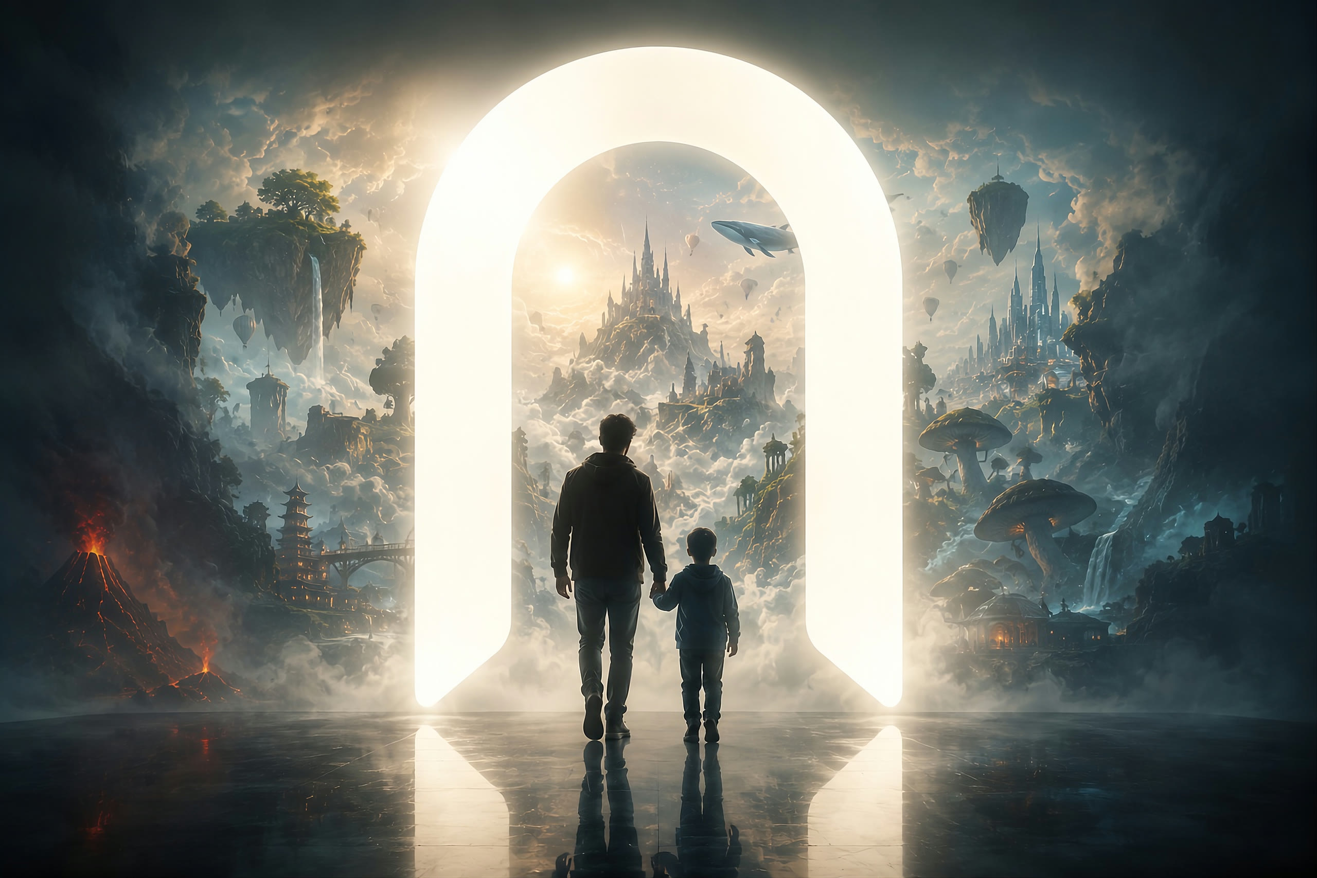 A parent and child standing before a glowing portal that opens onto endless AI-generated worlds